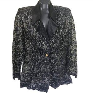 SAM USA New Vintage Lace Sheer Metallic Evening Tuxedo Blazer Jacket Gold Black